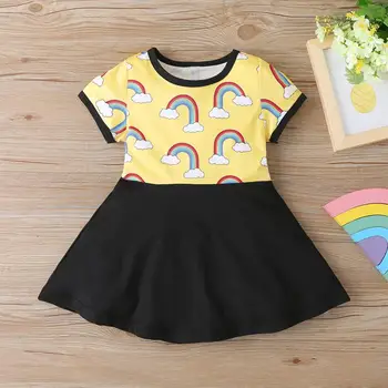

Children Girl Party Dress Outfits Clothes Short Sleeve Rainbow Girl Princess Dress Kids Baby Girl