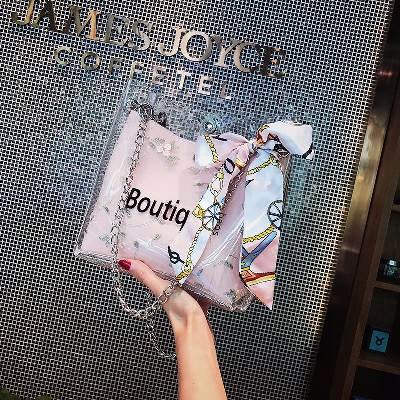 

2019 Spring New Style Simple Versatile Different Size Bags Korean-style Ribbon Transparent Chain WOMEN'S Bag