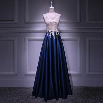

Navy Blue Evening Dresses O-Neck Robe De Soiree K298 A-Line Long Formal Party Gowns Crystal Lace Top Elegant Women Vestidos