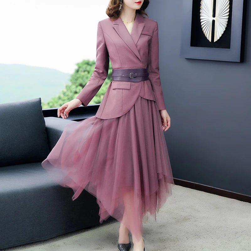 HAMALIEL Elegant Women Two Piece Set Spring Autumn Solid Blazer PU Belt+ Mesh Patchwork Irregular Long Office OL Skirt Set