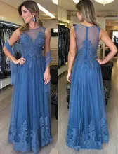 

Plus Size Evening Dresses Long dark blue Elegant A Line O Neck lace Tulle Formal Party Gown For Wedding Вечерние Платья 2021