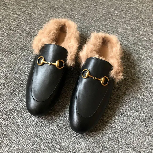VISI HOP/ г.; модные Настоящий мех кролика; Шлепанцы из натуральной кожи; женские пушистые тапочки; зимняя теплая обувь - Цвет: Fur Black Leather