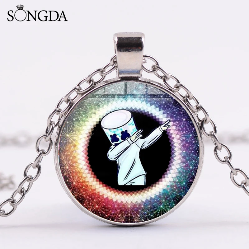 SONGDA Cool DJ Marshmallow Metal Chain Necklace Hiphop Rock Fun Cartoon Figures Print Glass Cabochon Pendant Necklace Party Gift