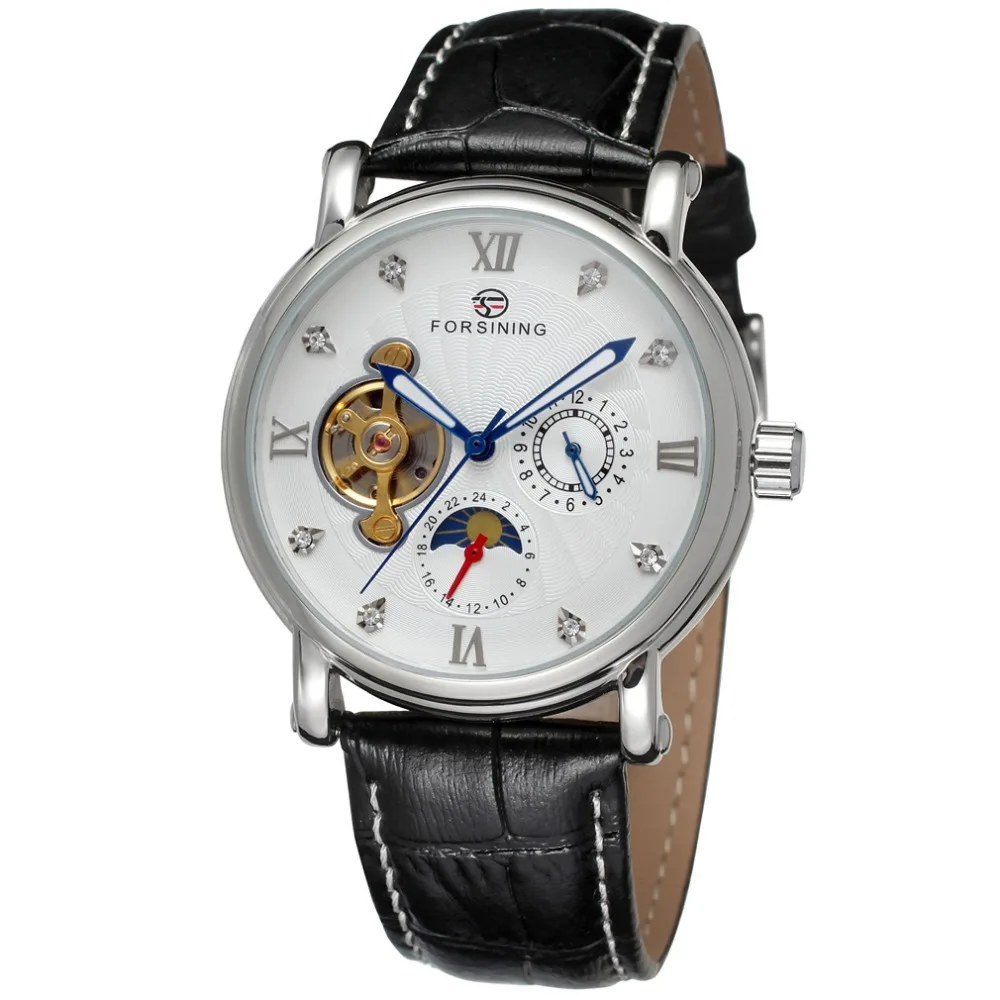 Forsining модные турбийон дизайн Swirl циферблат светящиеся Роскошные Moon Phase Мужские часы лучший бренд класса люкс автоматические часы для мужчин