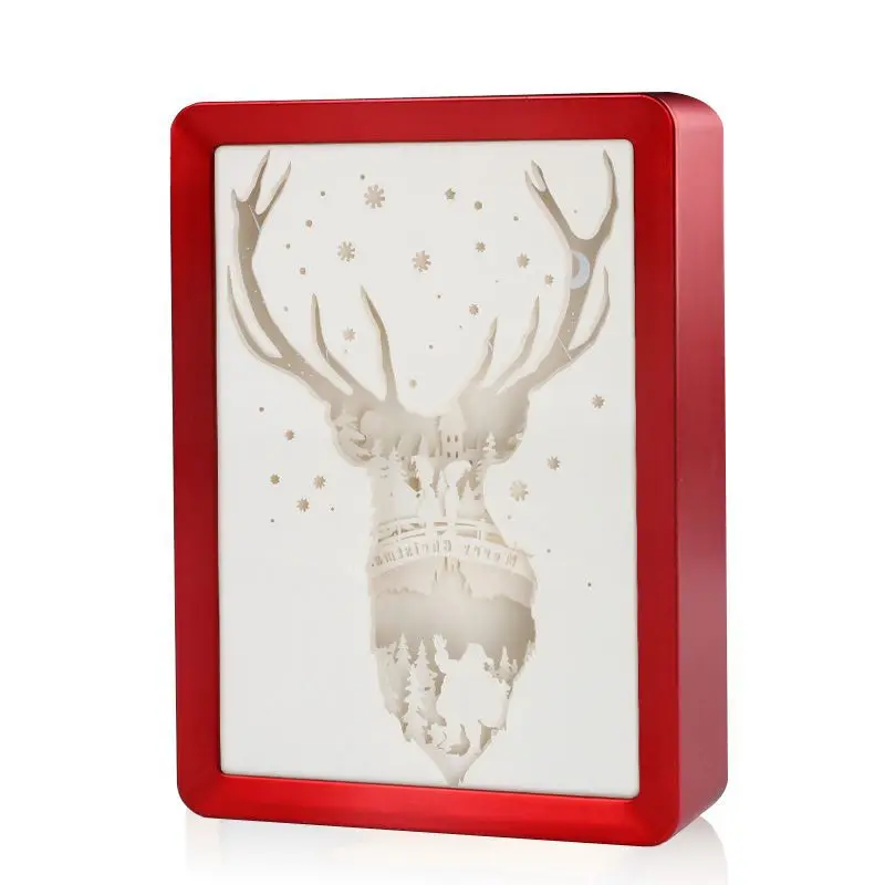 LED Night Lights Merry Christmas 3D Antelope Animal Shadow Paper Sculpture Light Box Unique Paper Cut Light USB Charging Bedside