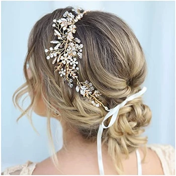 

YouLaPan Gold Rhinestone Wedding Headband Handmade Hair Band Bridal Headpiece Hair Accessories for Brides Bridesmaid HP235