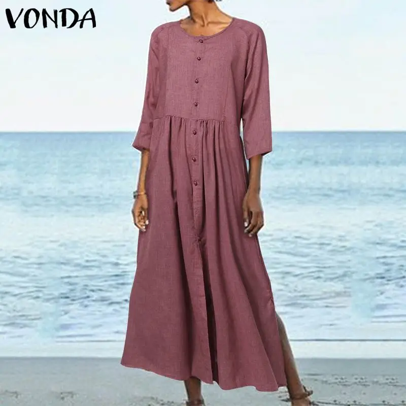 

VONDA Vintage Maternity Dress 2019 Female Sexy Buttons Split Hem Party Loose Dress Beach Vestidos Bohemian Robe S-5XL Sundress