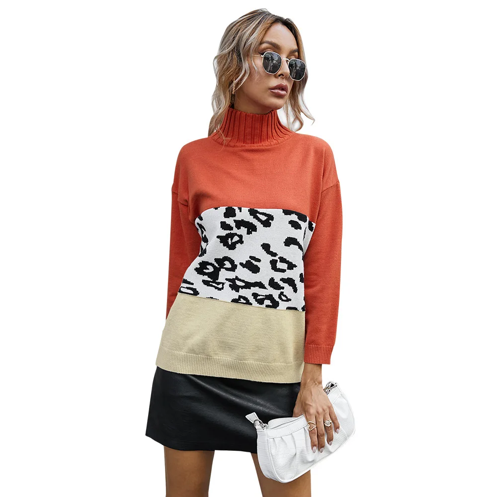 Fashion Leopard Patchwork Autumn Winter 2020 Ladies Knitted Sweater Women Turtleneck Full Sleeve Jumper Pullovers Top