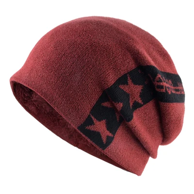 Двойная бархатная вязаная шерстяная шапка skullies, Мужская зимняя шапка, сохраняющая тепло, шапочки, мужская шапка, плюс бархатные шапки для wo мужчин bone gorro - Цвет: Красный