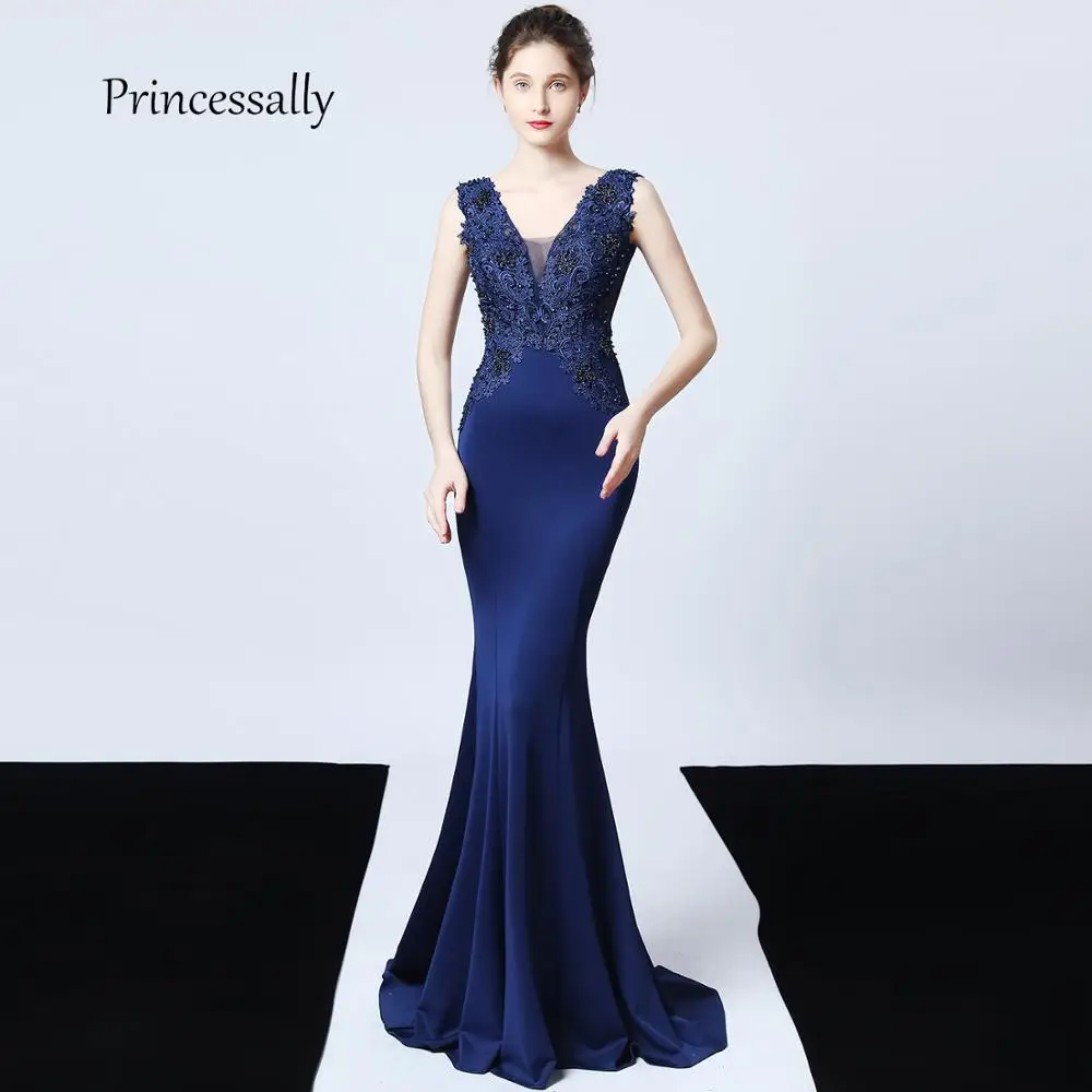 

New Navy Blue Satin Mermaid Evening Gown With Small Train Embroidery Beading Long Formal Banquet Party Prom Gown robe rouge fem