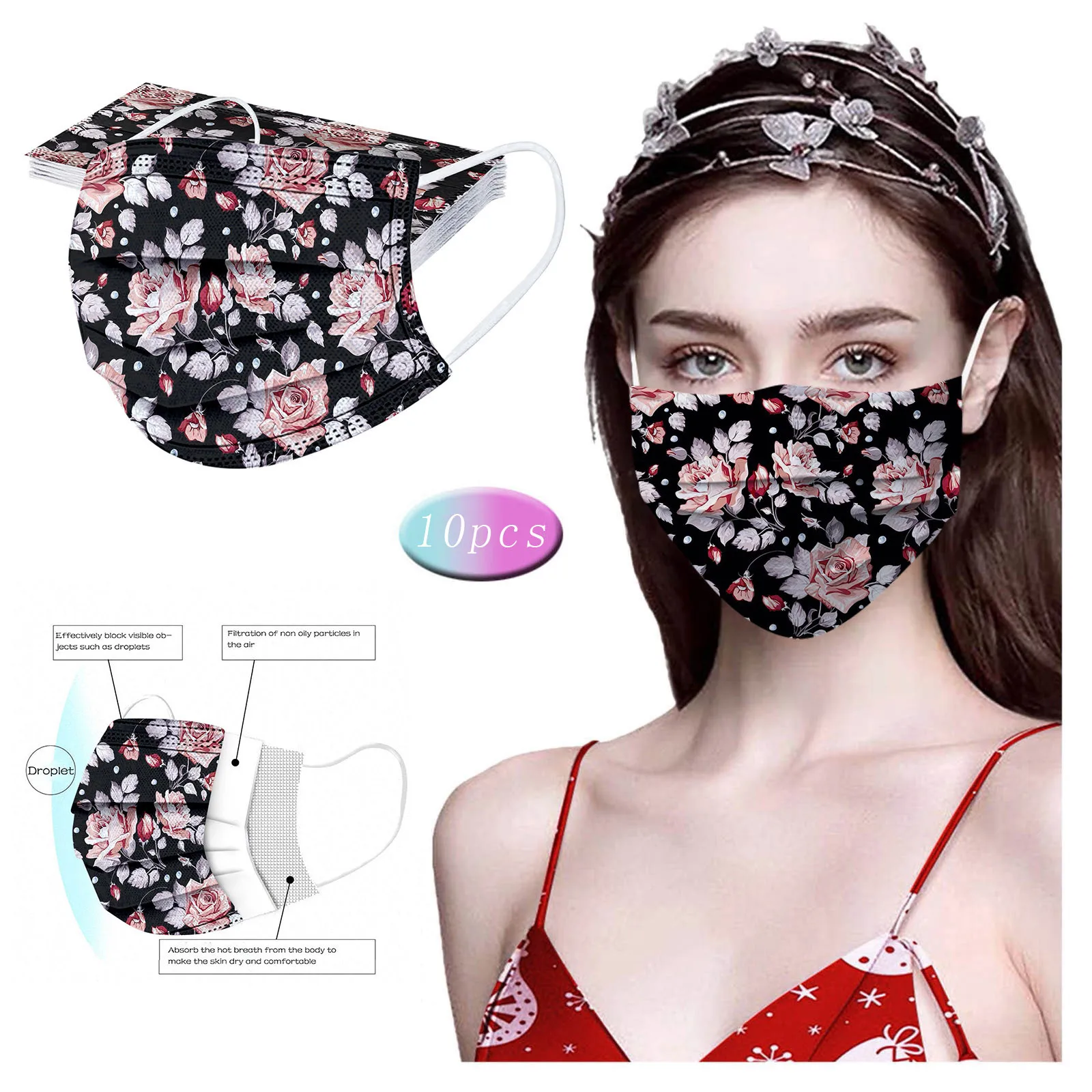 10pcs Disposable Mouth Mask Anti Pm 2.5 Mask Face Mask Adult Flower Pattern Non Woven Face Mask Industrial 3-layer Mask d7