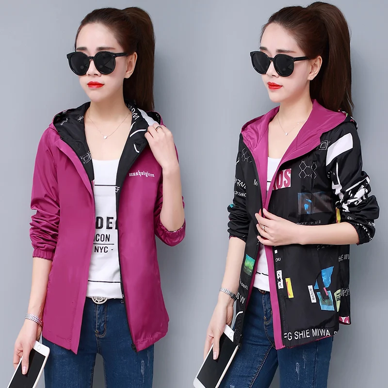 lower price  Spring and Autumn Trendy Print Women's Double-Sided coat Hooded coat Korean Edition Loose Thin Wome