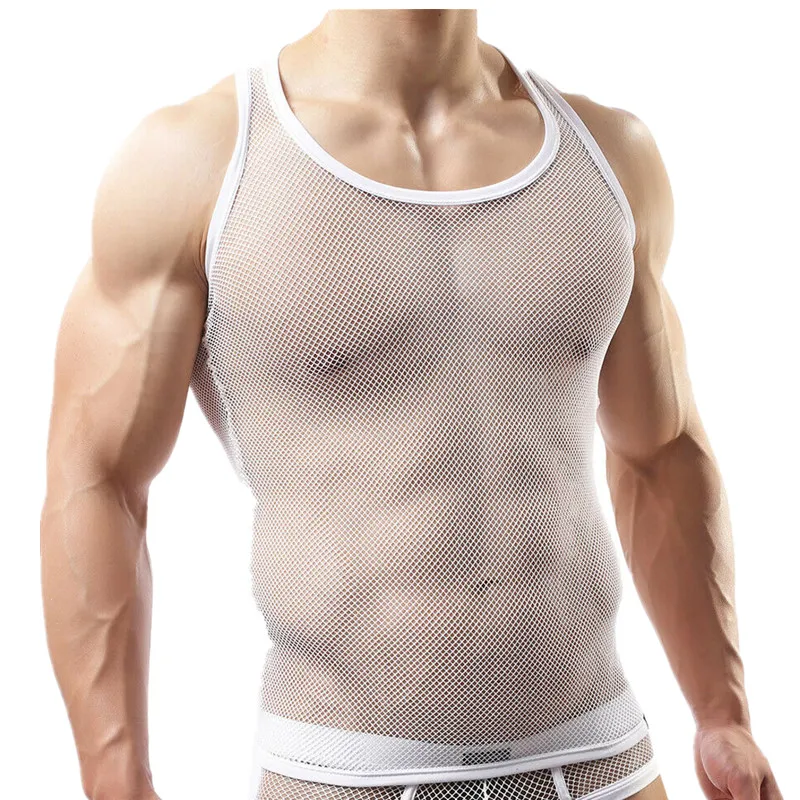 Sexy Men Clothes Sets Mesh Transparent Sleeveless Tank Tops+ Boxer Shorts Male Undershirts Suit Gay Lingerie Party Clubwear - Цвет: Only Vest