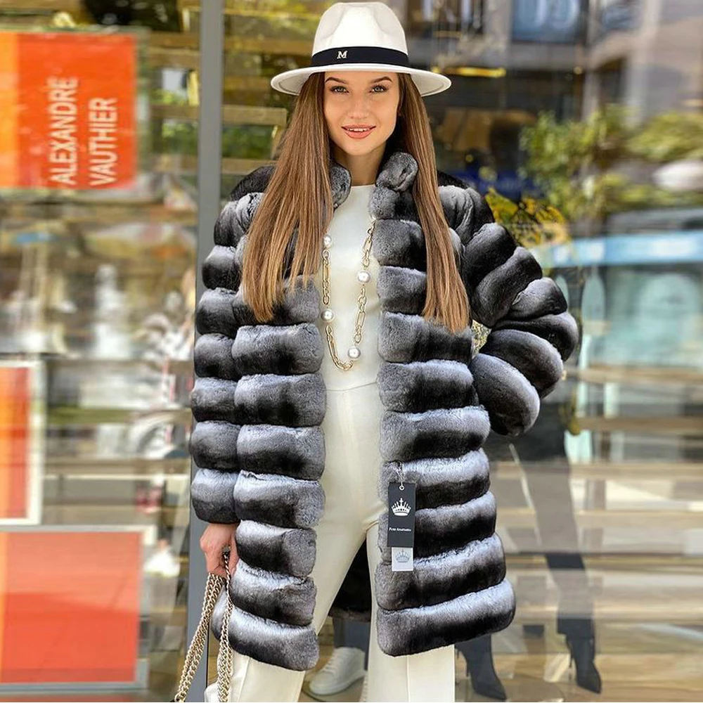 Mid-length Real Rex Rabbit Fur Coat for Women Winter New Trendy Full Pelt Genuine Rex Rabbit Fur Jacket Stand Collar Thick Coats