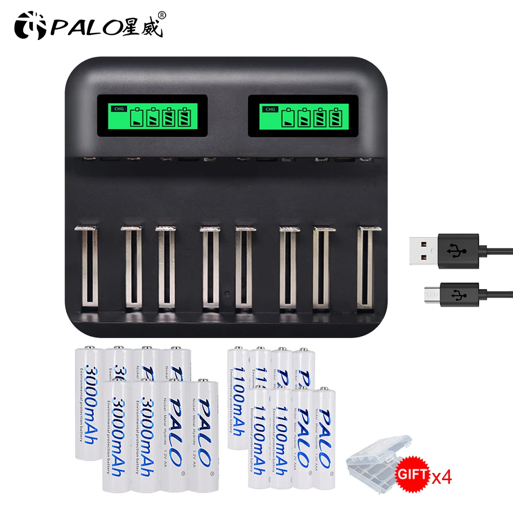 

PALO USB smart fast charger with LCD display for AA AAA C D size battery + 8 - 16pcs AA / AAA rechargeable batteries