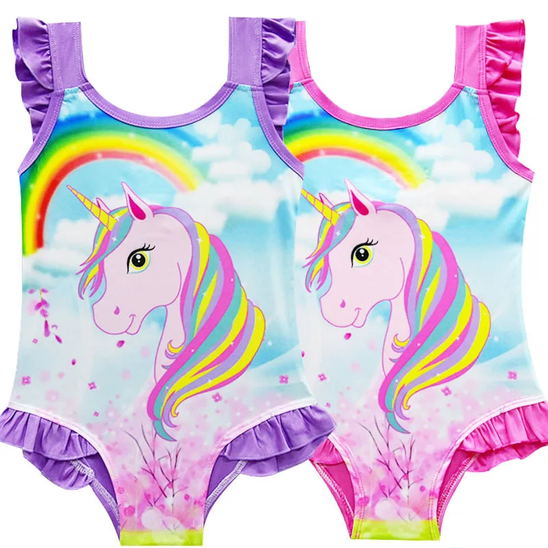Rainbow Unicorn Kids Swimsuits Baby Girl One-piece Swimsuit Cartoon Bathing Suit Beach Tunic Children Swimwear Pink Lovely 3-10Y