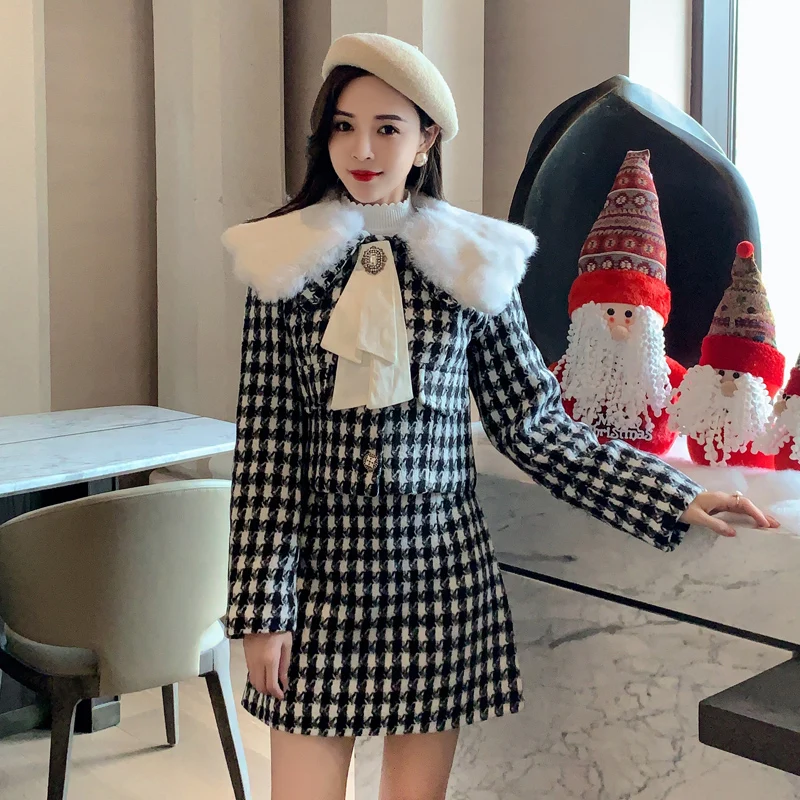 2 piece set Женская шерстяная куртка из твида в клетку с меховым воротником, украшенным бриллиантами и бантом+ мини-юбка с высокой талией, зимняя верхняя одежда в клетку, комплект из 2 предметов - Цвет: 2 piece set