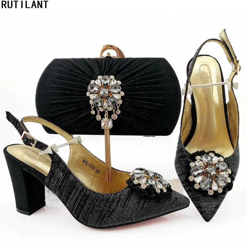 

New Fashion Nigerian Shoes and Matching Bags Italian Matching Shoe and Bag Set for Party Parties Rhinestone Wedding Party Shoes