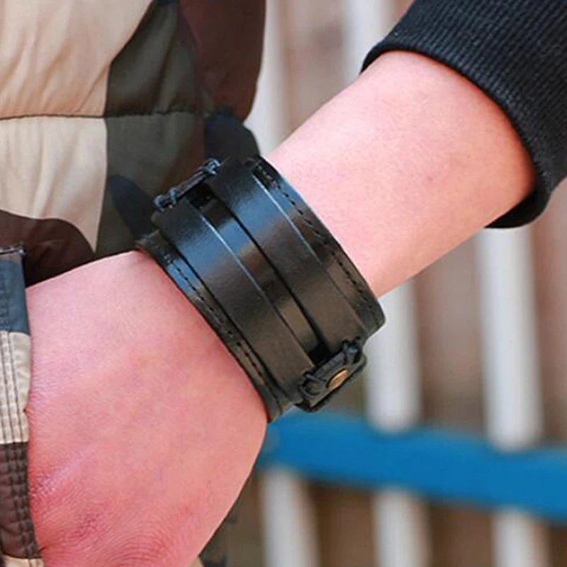 Punk Vintage Black Coffee Leather Charm Unisex Wide Big Bracelet Bangle Men Women Jewelry Solid Color Simple Rock | Украшения и