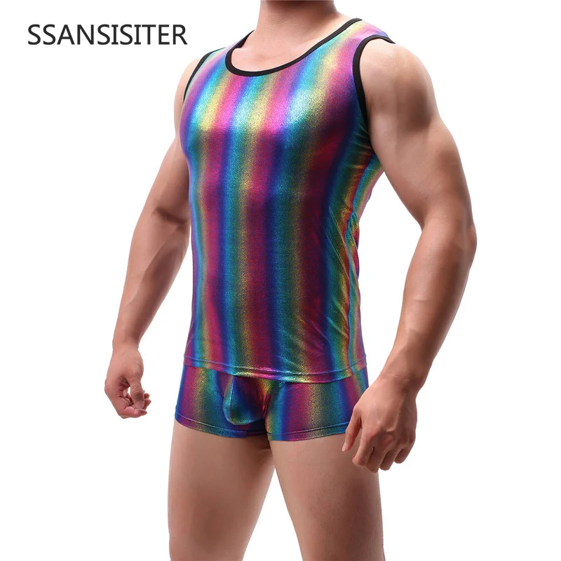 

Sexy Men Sets Tanks Tops Pants Boxer Shorts Shiny Striped Graffiti Male Stage Performance Clubwear Gay Singlet Lingerie Suits