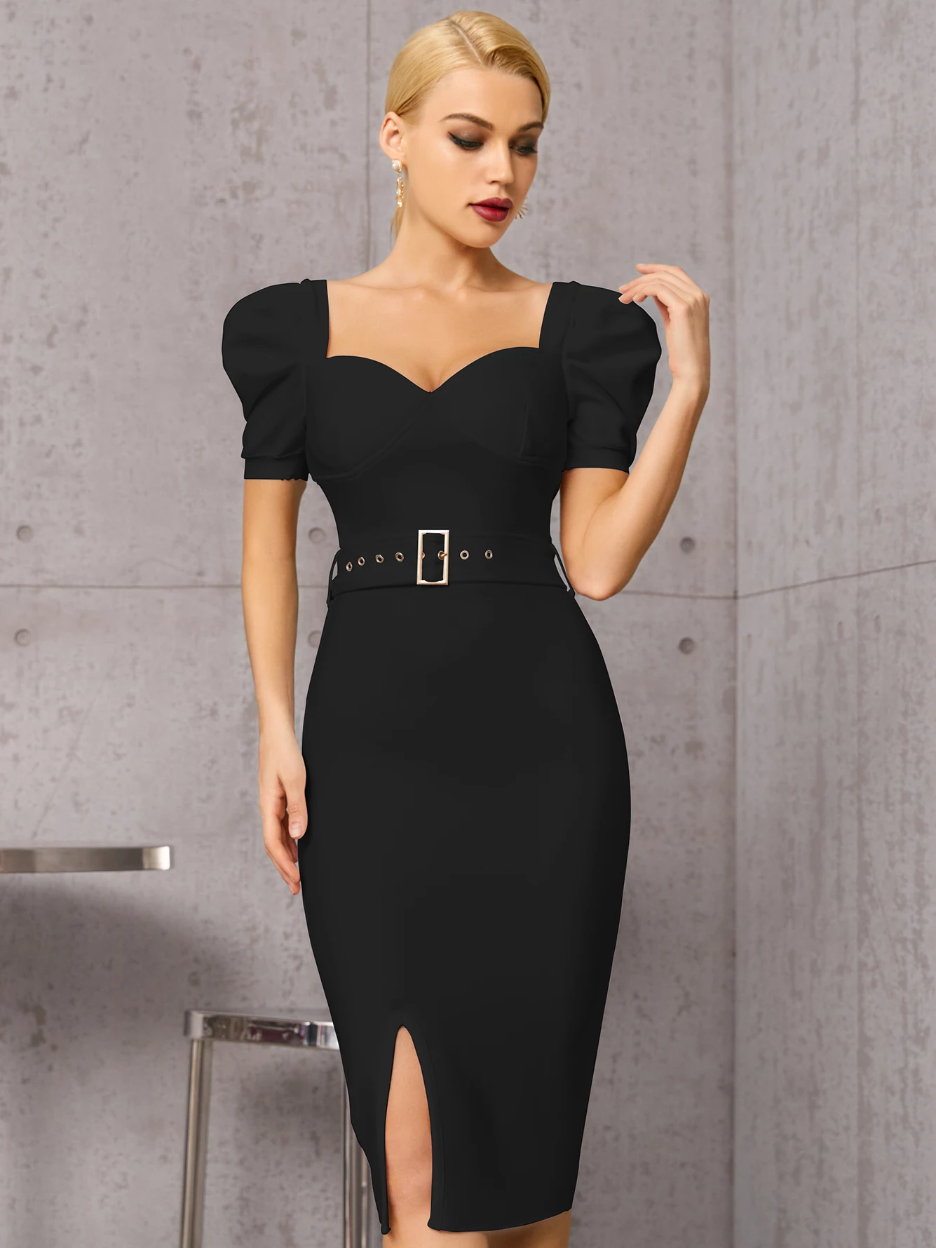 Adyce Black Short Puff Sleeve Club Bandage Dress For Women Sexy 2021 New Summer V Neck Belt Celebrity Runway Party Outfit Dress