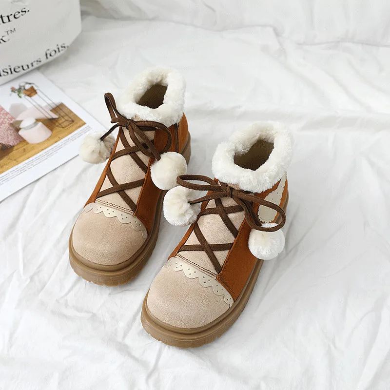 Goedkoop Winter college style sweet lolita snow boots plus velvet warm non slip round head women shoes cute love hairball kawaii shoes