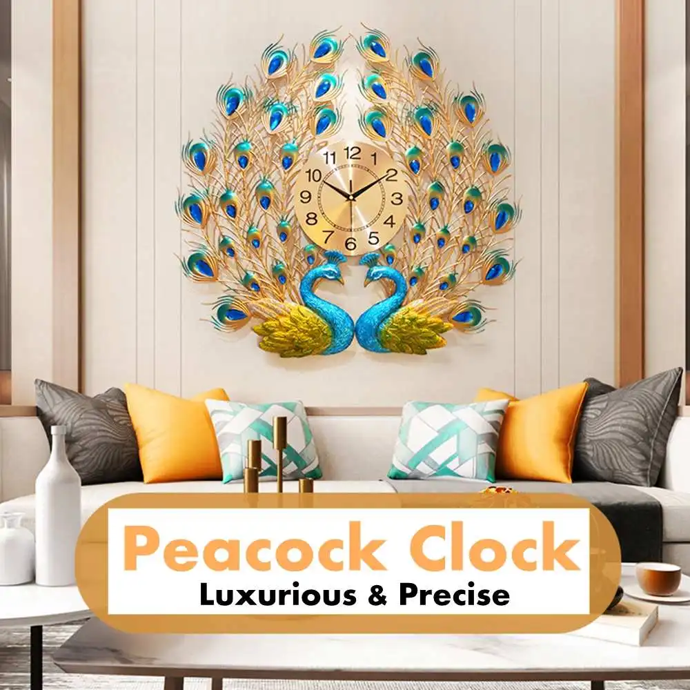 

Large 3D Peacock Wall Clock Modern Design Home Decor Metal Wall Watch Living Room Bedroom Mute Clock Digital Wall Clocks 60x60cm
