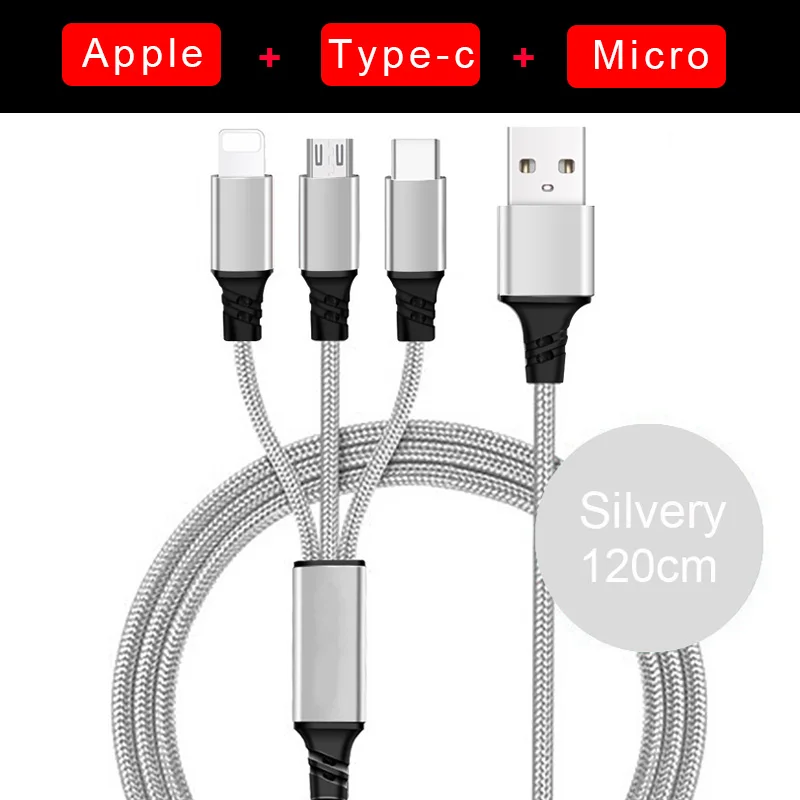 3 в 1 usbc Micro USB кабель для iPhone зарядное устройство 3A провод для быстрой зарядки для samsung Xiaomi type C мульти Android кабели для мобильных телефонов - Цвет: 3in1 1.2m Silver