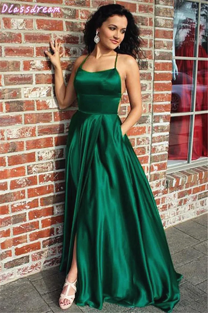 

Dark Green Satin Prom Dress Split Sexy Sleeveless Lace-up Sweep Train Spaghetti Straps Simple Evening Dress   
