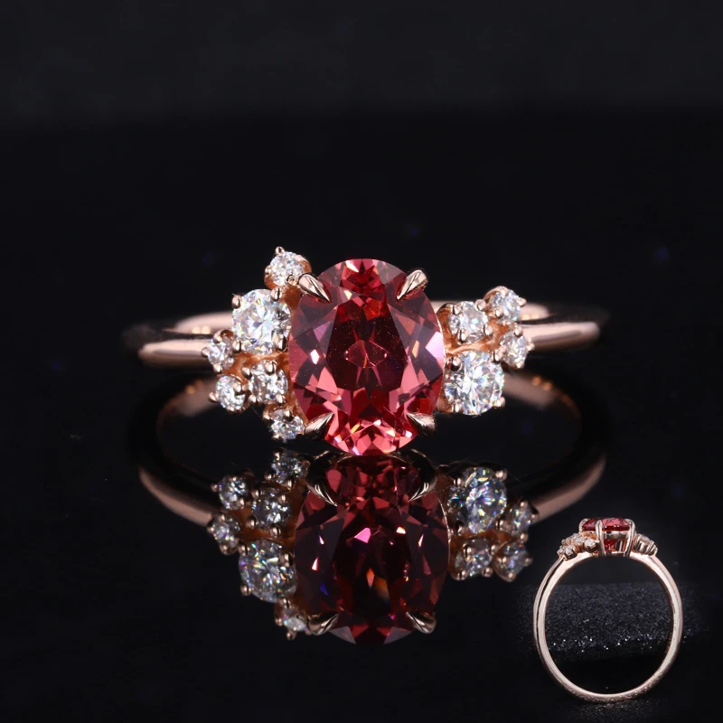 Cheerstar 14K Gold Lab Sapphire Padparadscha Ovale 7X9Mm Con Anello In Pietra Melee Con Diamante Coltivato In Laboratorio