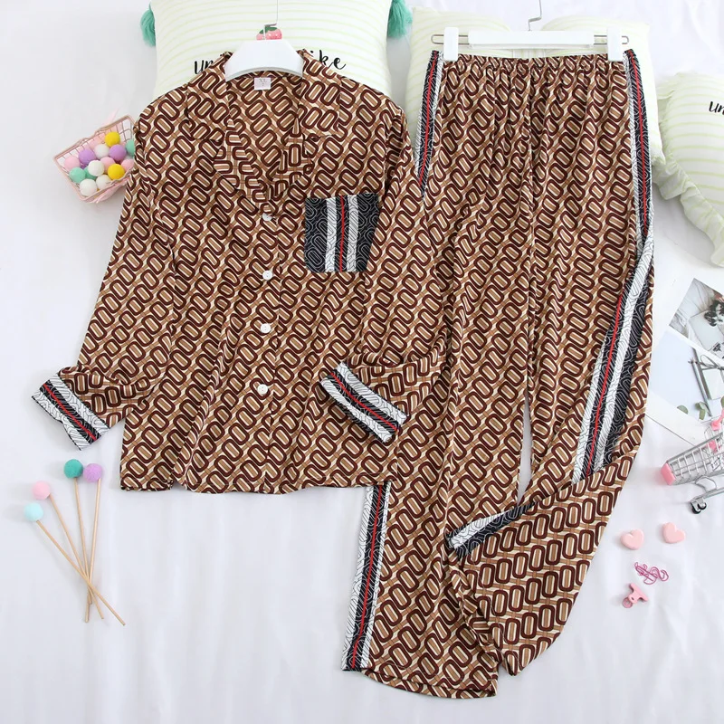 

Fiklyc Long-Sleeved Pajamas Spring Silk Lapel Home Service Ladies Cartoon Cardigan Two-Piece Suit Thin Section