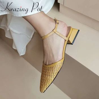 

Krazing pot cow leather mesh pointed toe low heels slingback shoes beauty lady party buckle straps fashion summer sandals L32
