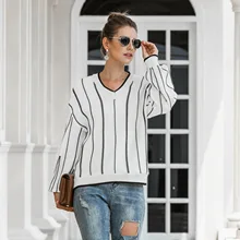 V Neck Loose Women Sweater Autumn Winter Knitted Pullover Casual Lantern Sleeve Striped Sweater Female Jumper 2020 Ropa Mujer V Neck Loose Women Sweater Autumn Winter Knitted Pullover Casual Lantern Sleeve Striped Sweater Female Jumper 2020 Ropa Mujer