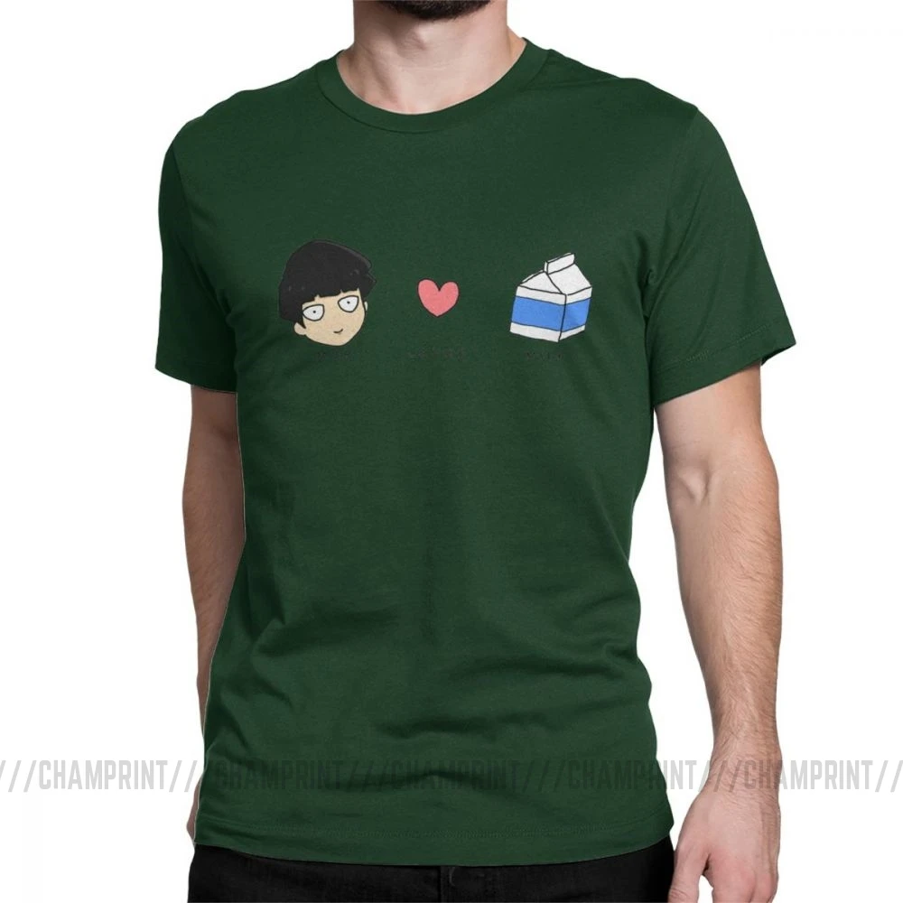 Mob Loves Milk Mob Psycho 100 футболки мужские хлопковые новые футболки с круглым вырезом футболка с коротким рукавом Одежда с принтом - Цвет: Forest Green