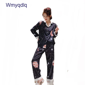 

Wmyqdlq New Style Pajamas Women Thin Ice Silk Spring And Autumn Long-Sleeved Trousers Two-Piece Printed Home Service Pyjamas Set