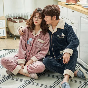 

New Pair Couple Pajamas Soft Winter Pajama Women Thick And Warm Flannel Men Coral Home Wear Suit Pijama Hombre