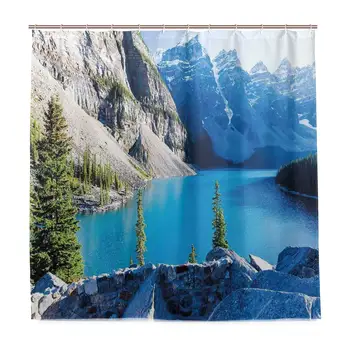 

Unique Shower Curtain Moraine Lake Banff National Park Canada Mountains Pines Valley of The Ten Peaks Eco-Friendly with 12 Hooks