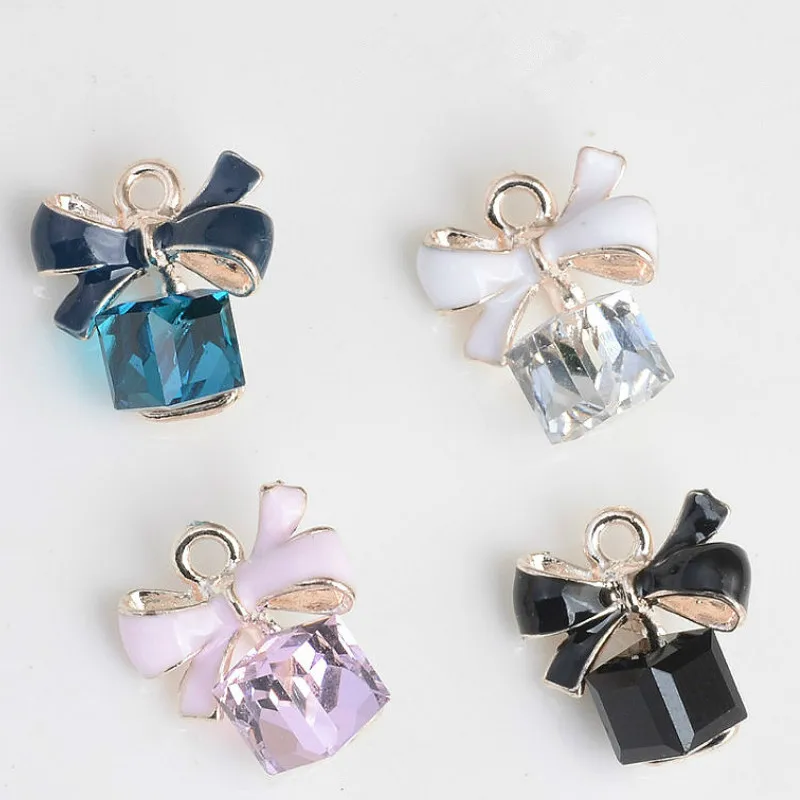 

MRHUANG 10pcs/lot Bow Square Glass Enamel Charms Oil Drop Zinc Alloy Gold-Color Floating Pendant Fashion Jewelry Accessories