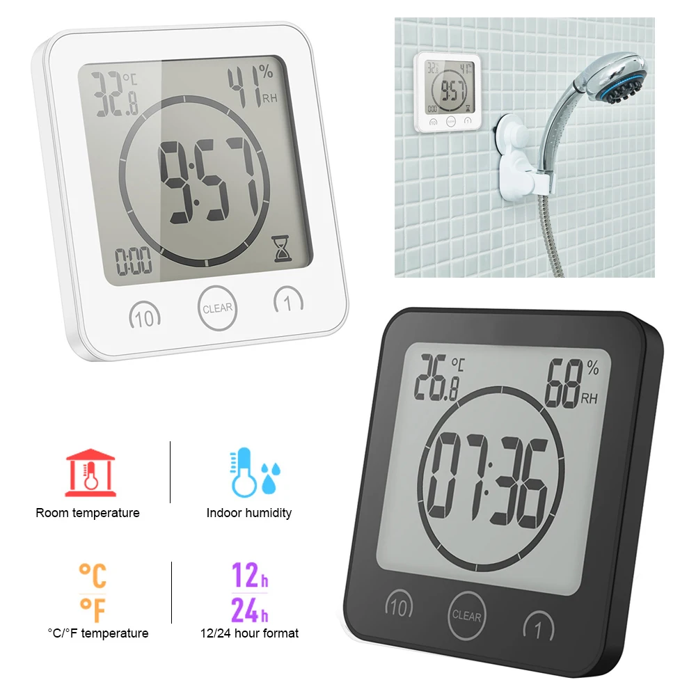 Digital Bathroom Clocks Thermometer Hygrometer Lcd Suction Cup Waterproof Shower Watches Temperature Humidity Meter Alarm