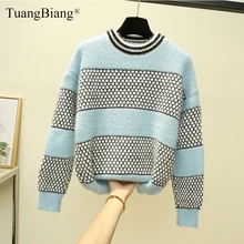 *#Best Price Stripe Women Full sleeve Thicken Winter Sweaters warm Ladies O-Neck Loose pullovers female New Polka dot knit Blue jumpers 2019 *#Best Price Stripe Women Full sleeve Thicken Winter Sweaters warm Ladies O-Neck Loose pullovers female New Polka dot knit Blue jumpers 2019