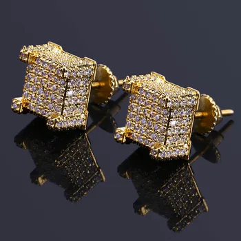 

2020 Hip Hop Charms New Fashion Iced Out Bling Ear Stud Gold Color Micro Pave Cubic Zircon Square Stud Earring for Men & Women