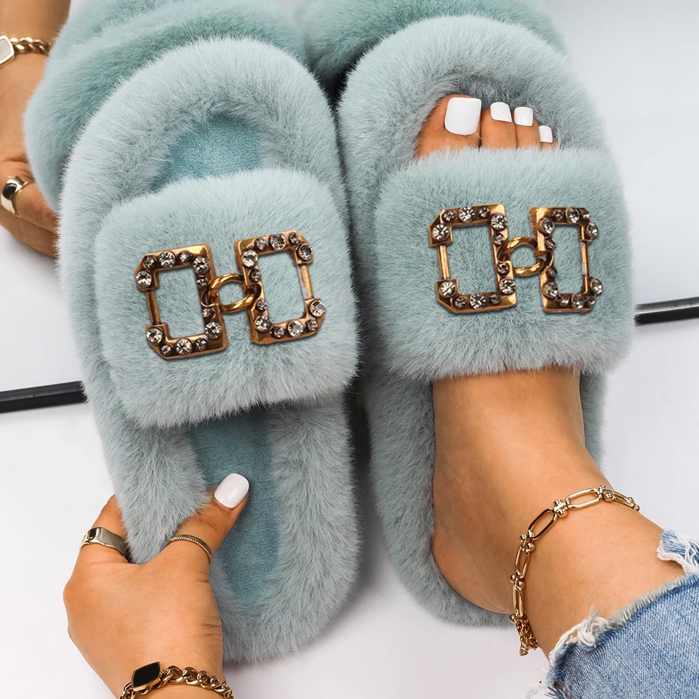 Furry Slippers Women Luxury Square Buckle Faux Fur Slides Fluffy Flip Flops Platform Fashion Slippers Fur Sandals Female Shoes