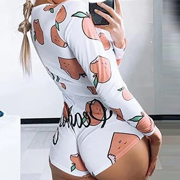

Sexy Women Deep V Neck Bodycon Sleepwear Jumpsuit Bodysuit Shorts Romper Bodysuit Leotard Long Sleeve Print Button Bodysuit