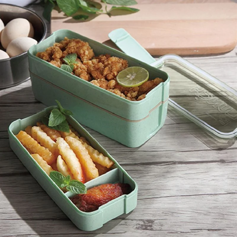 3-Layers Microwave Bento Box Wheat Straw Lunch Boxes Kids Picnic Camping Container 900ml | Дом и сад
