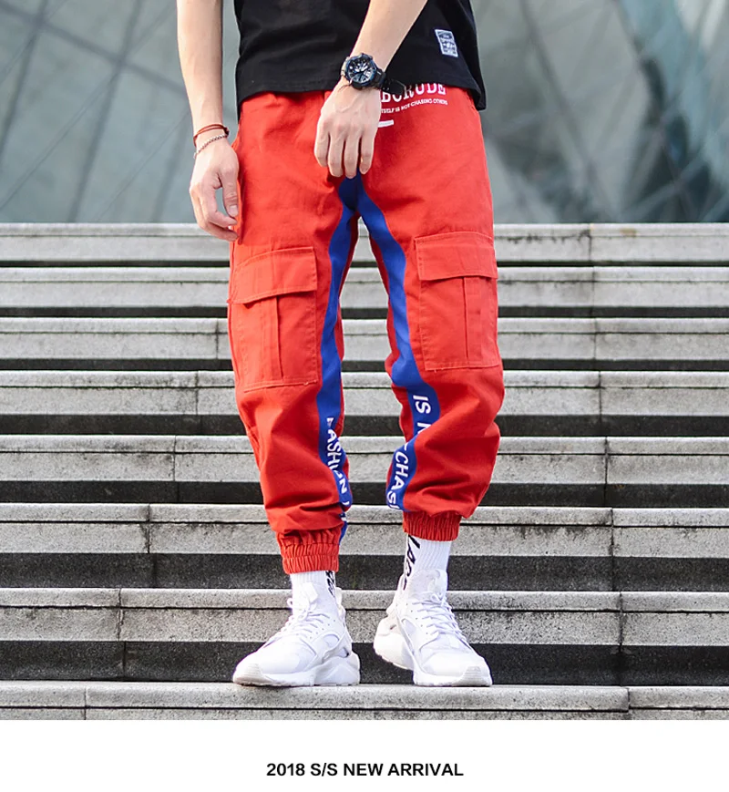 Модные уличные большие карманы соединены Мужские джинсы брюки карго письмо напечатано свободно подходят лодыжки бантами хип хоп брюки джинсы