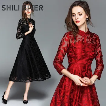 

2020 new spring autumn runway designer party long dress for women long sleeve slim casual lace elegant pleated dresses red black