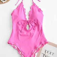 ZAFUL Цельный купальник с завязками на шее и отделкой в виде салата, милый Одноцветный купальник с оборками для девочек