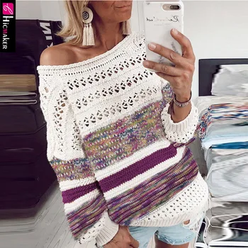 

Women Striped Crew Neck Long Sleeve Plus Size Knitted Pullover Sweater Loose Style Casual Chic Spring Fall Jumper