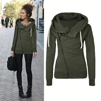 

Women's Autumn Winter Long Sleeve Lapel Hoodie Pocket Slant Zip Solid Color Slim Sweatshirt