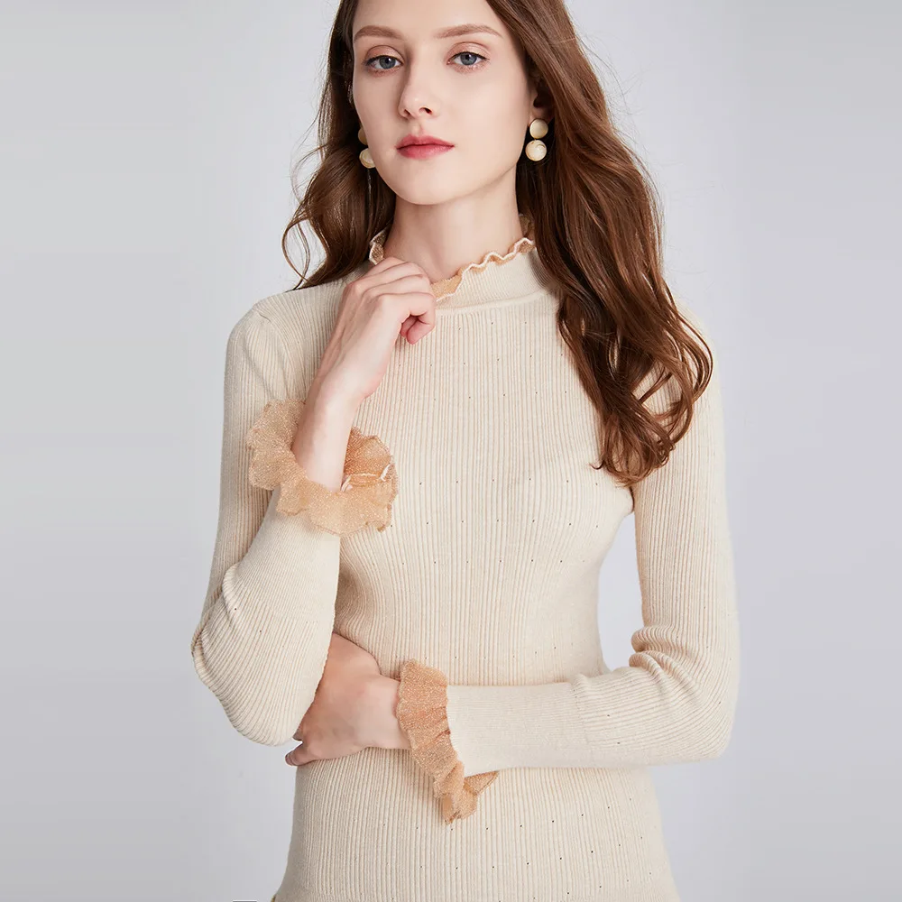 

Ladies High Neck Fitted Jumper with Ruffle Detail Women Sweater Knit Top